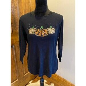 Karen Scott Blouse Halloween Top Sz XL  Glittery Pumpkin Sparkly T-Shirt‎